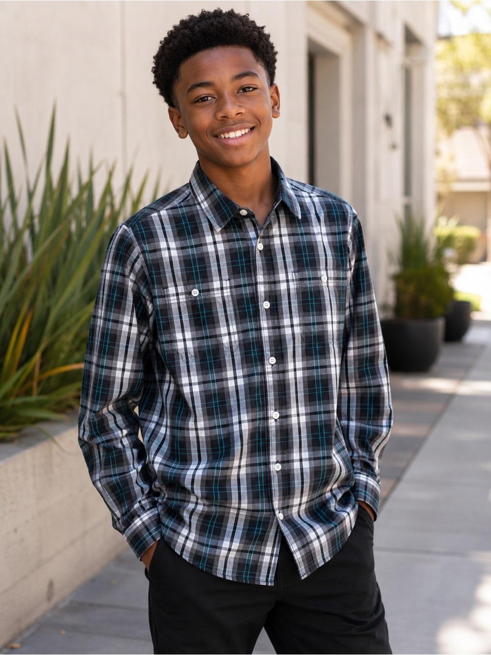 Urban Pipeline Maxwear Boys Plaid Button-Down Shirt Black Teal Long Sleeve XL